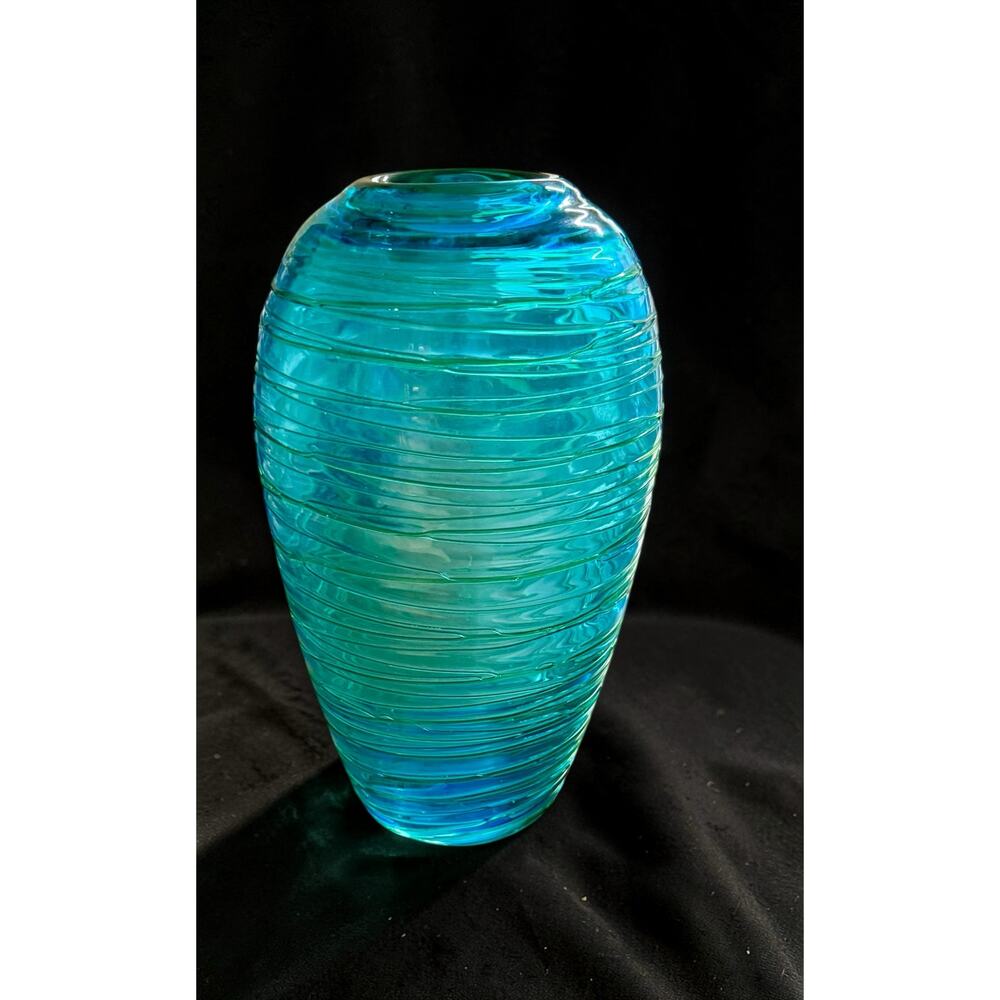Fulvio Bianconi for Venini Murano Threaded Turquoise Art Glass Vase - 11" Tall